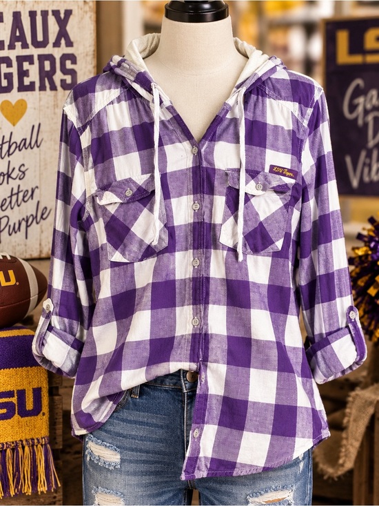 Columbia Sportswear Company Tops - Columbia LSU Tigers Women’s XL Purple Plaid Hooded Flannel Shirt Roll Tab